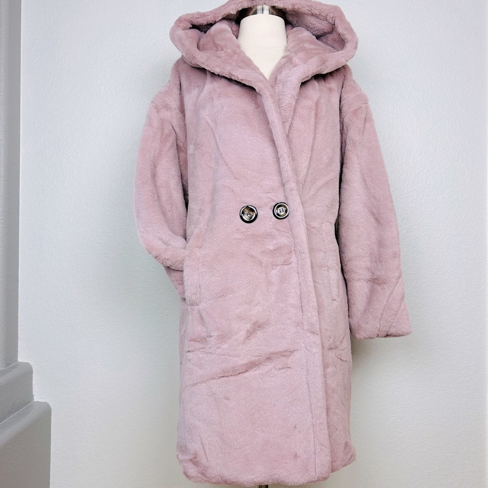 Teddy Pea Coat Faux Fur Hooded Lined Winter Outerwear Rose Pink Size S/M NWT